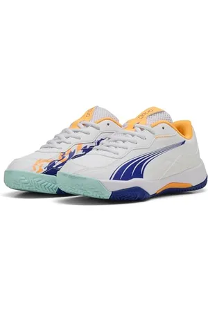 PUMA Nova Smash JR Chaussure de Tennis, White-Vivid Blue-Safe Lake-Heat Fire, 30 EU