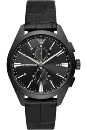 Emporio Armani Montre pour homme, mouvement chronographe, boîtier en acier inoxydable de 43 mm avec bracelet en cuir ProPlanet, AR11483