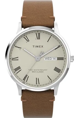 Timex Waterbury Montre pour hommes, 40 mm, bracelet en cuir , cadran crème, boîtier en acier inoxydable TW2W50600