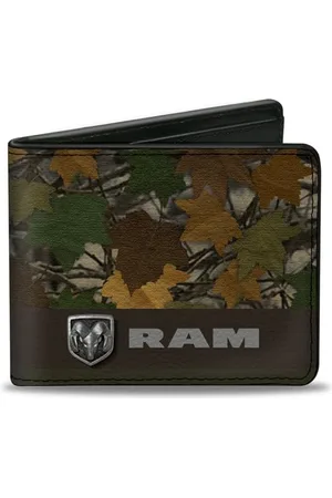 Buckle Portefeuille à Deux Volets en polyuréthane pour Homme - Logo RAM - Motif Feuille - Marron Camouflage - Vert/argenté - - 10,2 x 8,9 cm
