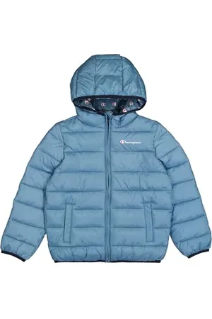 Champion Legacy Outdoor B (306868) - Veste à capuche WR Light Cirè 40gr Small Script Logo, Bleu Turquoise (CBU), 3-4 ans (XXS) Unisexe - Enfants FW24