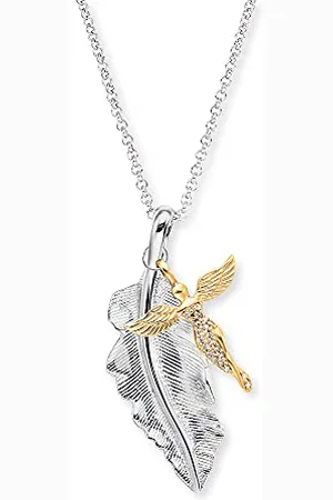 Engelsrufer Collier pour femme en argent 925 avec pendentif plume et ange doré, 50 cm, Argent sterling, Pas de gemme