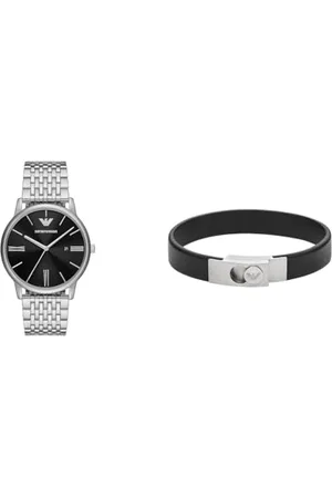 Emporio Armani Montre Homme en Acier Inoxydable Argent et Bracelet Cuir , Set