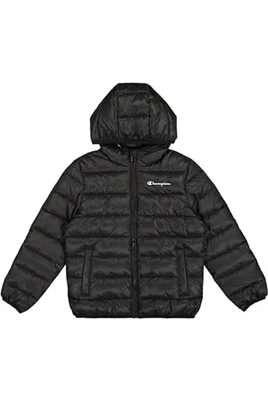 Champion Legacy Outdoor B (306868) - Veste à capuche WR Light Cirè 40gr Small Script Logo, Noir/Rose (NBK), 5-6 ans (XS) Unisexe - Enfants FW24