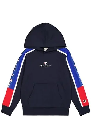 Champion Legacy Retro Sport B (306856) - Sweat à capuche en polaire compacte et ultralégère avec bande, bleu marine/bleu profond (NNY/BAI/WHT), 7-8 ans (S) Garçons FW24