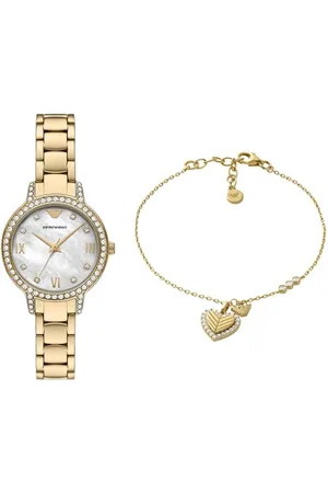 Emporio Armani Femme Montre en Acier Inoxydable Doré et Bracelet en Argent Sterling, Ensemble