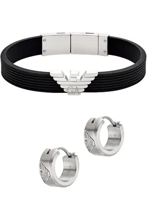 Emporio Armani Homme Bracelet en Silicone Argenté et Boucles d’Oreilles en Acier Inoxydable, Ensemble