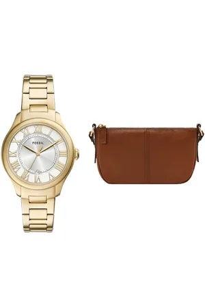 Fossil Femme Montre en Acier Inoxydable Doré Gilmore et Sac Jolie Marron, Ensemble
