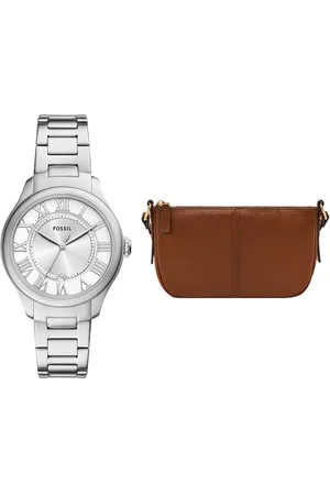 Fossil Femme Montre en Acier Inoxydable Argenté Gilmore et Sac Jolie Marron, Ensemble