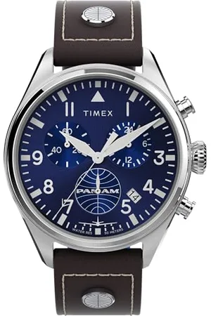 Timex Chronograph Montre pour hommes, 42 mm, bracelet en cuir marron, en deux pièces, cadran bleu, boîtier en acier inoxydable TWG030000