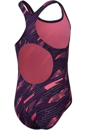Speedo Maillot de Bain Une Pièce Hyperboom Allover Medalist, Résistant au Chlore, Séchage Rapide Maillot de Bain pour Fille, Bleu Marine Intense/Fuchsia/Rose Flamenco, 5-6 Années