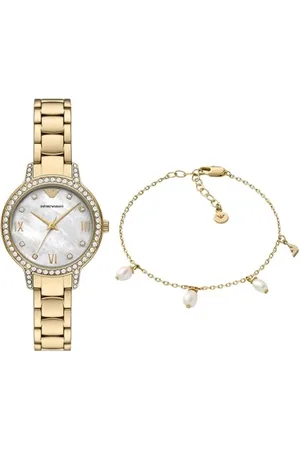 Emporio Armani Femme Montre en Acier Inoxydable Doré et Bracelet en Laiton, Ensemble