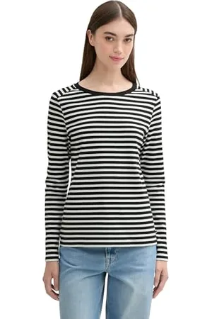 TOM TAILOR 1043085 T-Shirt à Manches Longues, 32575-Rayures Noires et Blanches, M Femmes