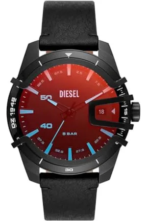 Diesel Montre pour homme Caged, mouvement à trois aiguilles avec date, boîtier en acier inoxydable noir de 46 mm avec bracelet en cuir, DZ1948