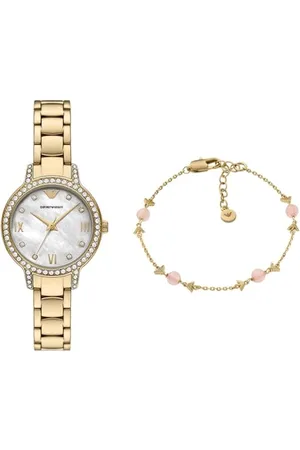 Emporio Armani Femme Montre en Acier Inoxydable Doré et Bracelet en Laiton, Ensemble
