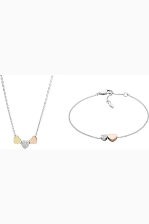 Fossil Bracelet Pour Femmes Motifs Vintage, 16.5 Cm + 0.4 Cm Bracelet En Acier Inoxydable Argenté, JF03095998 + Longueur 40.6 Cm, Extension 5.1 Cm Collier En Acier Inoxydable Tricolore, JF02856998