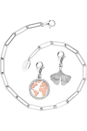 Engelsrufer Parure pour femme - Bracelet ancre en argent pour breloques, breloques feuille de ginkgo en argent et charm monde /rose avec pierres de zircone, Verstellbar, Argent sterling, Pas de