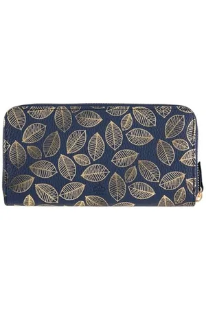 DRAEGER PARIS 1886 Grand Portefeuille Femme - Feuilles Dorées Bleu Marine - Polyuréthane - 18,5 x 2,5 x 10 cm - Nombreux Rangements - Idée Cadeau Élégante - Collection Petite Maroquinerie