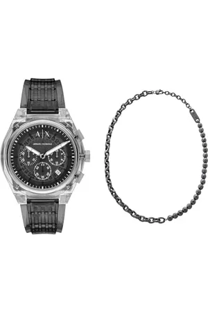 Armani Exchange Homme Montre en Polyuréthane et Collier Gunmetal Acier Inoxydable, Ensemble