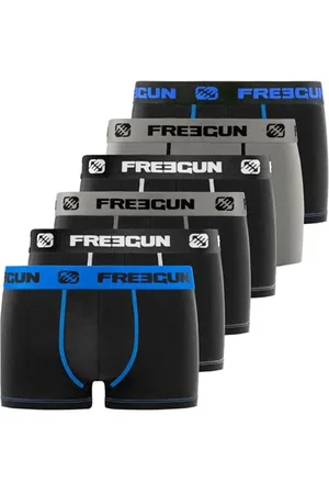 Freegun Boxer Homme Coton, Calecon Homme, Ajustement Parfait, Stretch (Lot de 6), Noir, Gris, Bleu, Taille L
