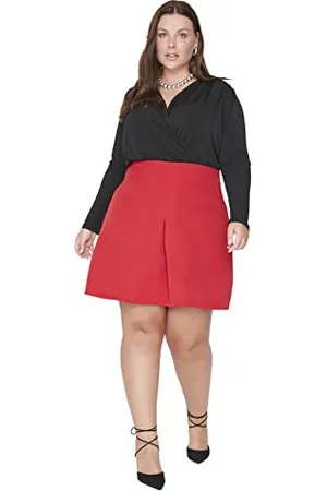 Trendyol Damen Mini A-Linie Plisseerock Webstoff Große Größen in Rock Jupe de Scooter, Red, 50 aux Femmes