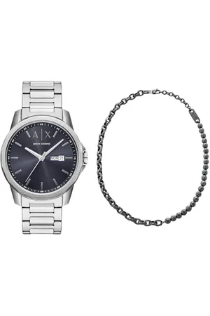 Armani Exchange Homme Montre en Acier Inoxydable Argent et Collier Gunmetal, Ensemble