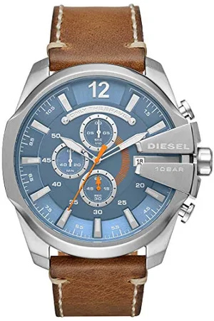 Diesel Montre pour Homme Mega Chief, Mouvement Chronographe à Quartz, Boîtier en Acier Inoxydable de 51 mm avec Bracelet en Cuir, Dz4458