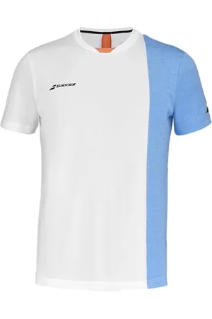 Babolat T-Shirt Modèle Play Crew Tshirt pour Garçon, Taille 8-10 Ans, Blanc/Bleu, Matières élastiques pour entraînement et compétition, Convient aux Joueurs individuels et équipes