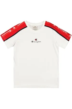 Champion Legacy Retro Sport B (306859) - T-shirt à col rond SS avec bande, Blanc (WHT/CRD/NNY), 7-8 ans (S) Garçons FW24