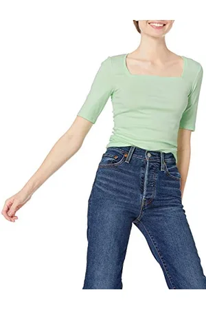 Amazon T-Shirt Ajusté à Manches Mi-Longues et Col Carré Femme, , S