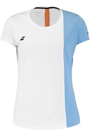 Babolat T-Shirt modèle Play Cap, pour Fille, 10-12 Ans, Blanc/Bleu, Matière Élastique, col en V, Manches Courtes, Idéal pour Entraînement et Compétition, Convient aux Joueurs Individuels et Équipes