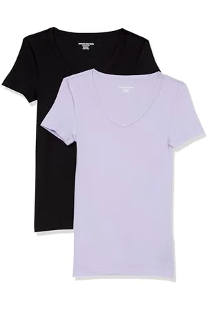 Amazon T-Shirt Col en v à Manches Courtes Coupe Ajustée Femme, Lot de 2, , L