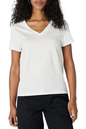 Amazon T-shirt à Manches Courtes et Col en V 100 % Coton, Coupe Classique Femme, , XS