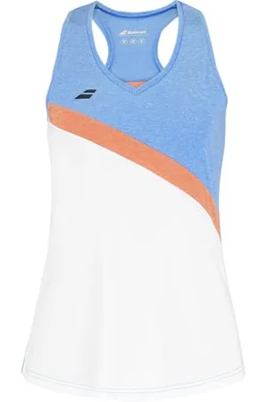 Babolat Débardeur Fille Modèle Play, Taille 10-12 Ans, Couleur Blanc/Bleu, Encolure en V, Matière Douce et Souple, avec Dos Original, Liberté de Mouvement Optimale