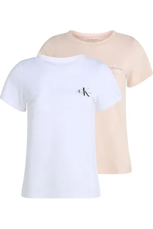 Calvin Klein T-Shirts Manches Courtes Lot de 2 Femme Monologo Tee Slim Fit, Multicolore (Silver Peony / Brilliant White), L
