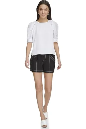 DKNY Blouse en Satin à Manches 3/4, Blanc, XXS Femme