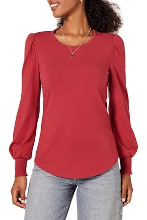 Amazon T-Shirt Ras Du Cou à Manches Longues et Poignets Smockés Femme, , M