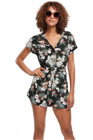 Urban classics Dam Kort viskosbälte Jumpsuit Combinaison, Black Tropical, XS Femme