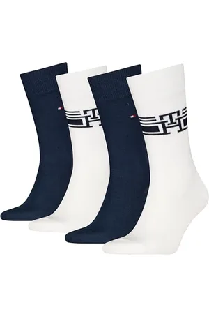 Tommy Hilfiger Monogram Stripe Calzino Classico, White/Navy, 39-42 (Pacco da 4) Uomo