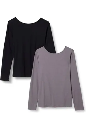 Amazon T-shirt à manches longues, coupe cintrée et dos dégagé en tricot côtelé Femme, Lot de 2, , S