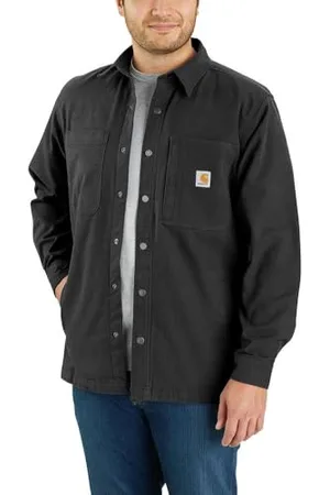 Carhartt Rugged Flex Relaxed Fit Canvas Fleece-Lined Snap-Front Shirt Jac Chemise boutonnée Utilitaire de Travail, Black, S pour des Hommes