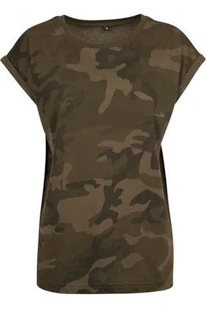 Build Your Brand Ladies Extended Shoulder Camo Tee T-Shirt, Camouflage Olive, L Femme