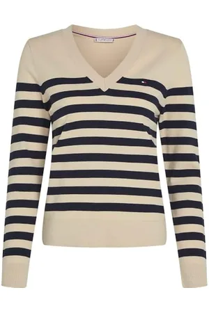 Tommy Hilfiger Femme Pull Jersey V-Neck Pull en Maille, Multicolore (Her STP Dark Night Navy/Country Iv), L