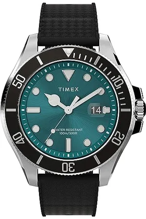 Timex Trend Montre pour hommes, 43 mm, bracelet en caoutchouc synthétique noir, à ouverture rapide, en deux pièces, cadran vert, boîtier argenté TW2V91700
