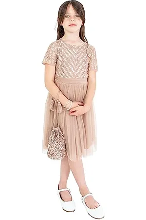 Maya Deluxe Midi Girls Dress for Wedding with Sequin Embellishment Short Sleeve Prom Birthday Party Bridesmaid Robes, , 5-6 Years Filles