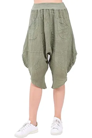 Bonateks Pantalon Sarouel Femme 100% Lin Fabriqué en Italie, Pantacourt Sarouel avec Poches et élastique à la Taille, , Taille: L