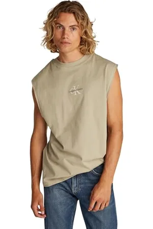 Calvin Klein Débardeur Homme Monologo Sleeveless Tee Relaxed Fit, Beige (Aluminum), L