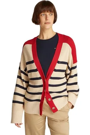 Tommy Hilfiger Cardigan Femme avec Patte de Boutonnage, Multicolore (Dark Night Navy Stripe), M-L