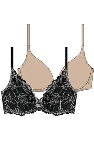 Dorina Angie Lot de 2 Soutiens-Gorge Push-Up Plongeant – Dentelle et Microfibre – Armatures, Bretelles Réglables, Coques Amovibles, Blanc et Beige