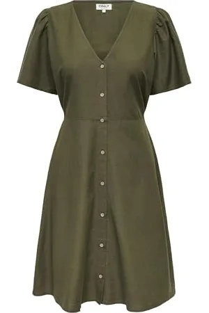 ONLY Onlvita Life Linen S/S Short Dress WVN Robe Droite avec Coupe ajustée à la Taille et Manches volumes, Kalamata, M Femmes